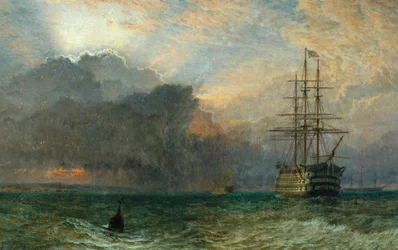 Kriegsschiff und stürmischer Sonnenuntergang (Das Wachschiff), 1875